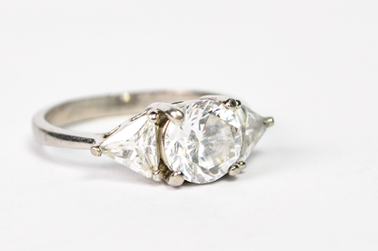 Vintage Style Sterling Silver Ring Size 8 Three Stone Round Cubic Zirconia - Sterling Silver 925 Faux Diamond Engagement Ring Sz 8