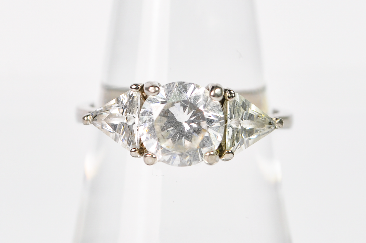 Vintage Style Sterling Silver Ring Size 8 Three Stone Round Cubic Zirconia - Sterling Silver 925 Faux Diamond Engagement Ring Sz 8