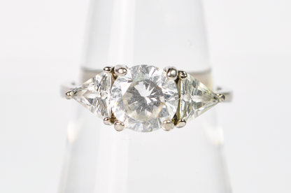 Vintage Style Sterling Silver Ring Size 8 Three Stone Round Cubic Zirconia - Sterling Silver 925 Faux Diamond Engagement Ring Sz 8
