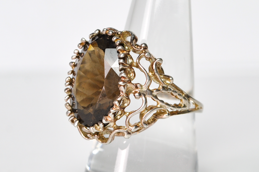 Vintage Sterling Silver Glass Cocktail Ring Size 8 Ornate Filigree - Vintage Sterling Silver Faux Quartz Cocktail Ring Large Faceted Glass Size 8