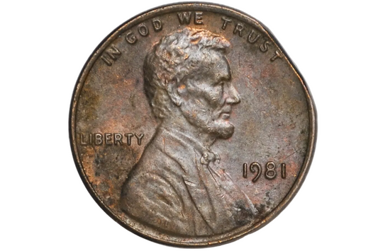 1981 Minor Straight Clipped Planchet Error Penny - Planchet Clip Curved Lincoln Penny 1981