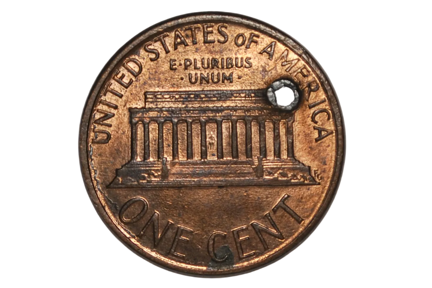 Punctured Date Lincoln Memorial Penny - Lincoln Cent, Circulated with Post-Mint Damage
