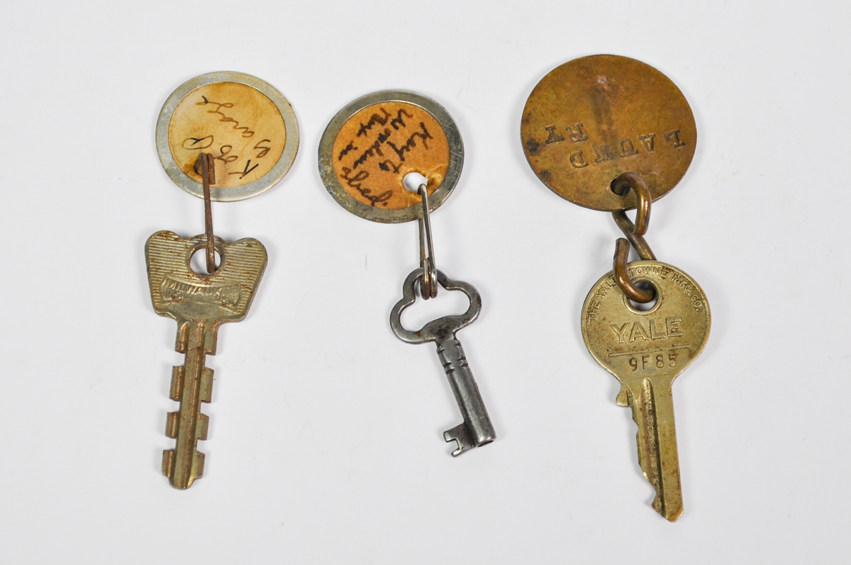 Vintage Keys with Unique Handwritten & Stamped Tags Three Variants Available -Antique Skeleton Key Ornate Trefoil Bow with Vintage Paper Tag "Shed" 3 To Choose From