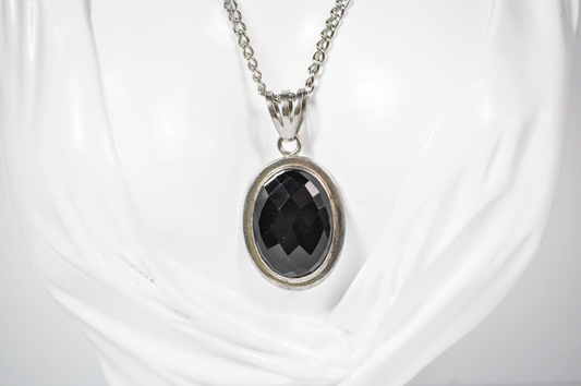 925 Silver Large Oval Checkerboard Cut Black Gemstone Pendant - Statement 925 Sterling Silver Large Oval Black Gemstone Necklace Pendant