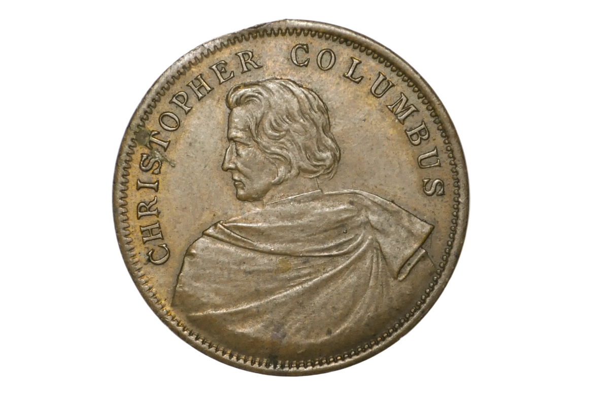 Antique 1893 Chicago Columbian Exposition Medal Token, Columbus Bust, Missing Ring - Rare 1893 World's Fair Columbus Souvenir Pocket Piece Medal / Defect Top Loop Missing