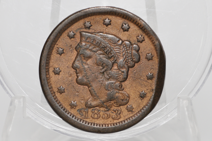 1853 United States Braided Hair Large Cent Minor Straight Clipped Planchet Error - US 1853 Braided Hair Large Cent Minor Error Planchet Clip