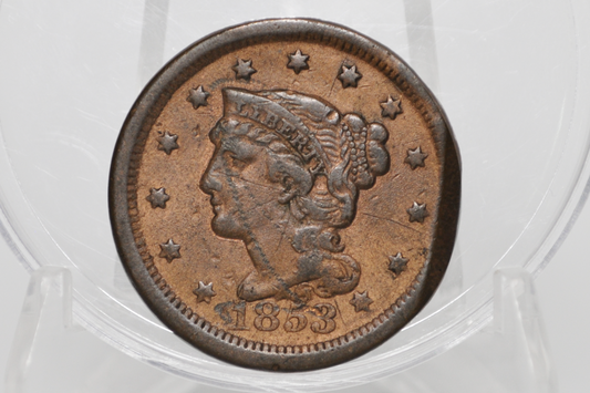 1853 United States Braided Hair Large Cent Minor Straight Clipped Planchet Error - US 1853 Braided Hair Large Cent Minor Error Planchet Clip