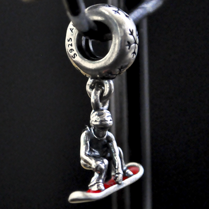 Retired Pandora 925 Sterling Silver Snowboarder Dangle Charm with Red Enamel Board - Sterling Silver Snowboarder Retired Pandora Pendant