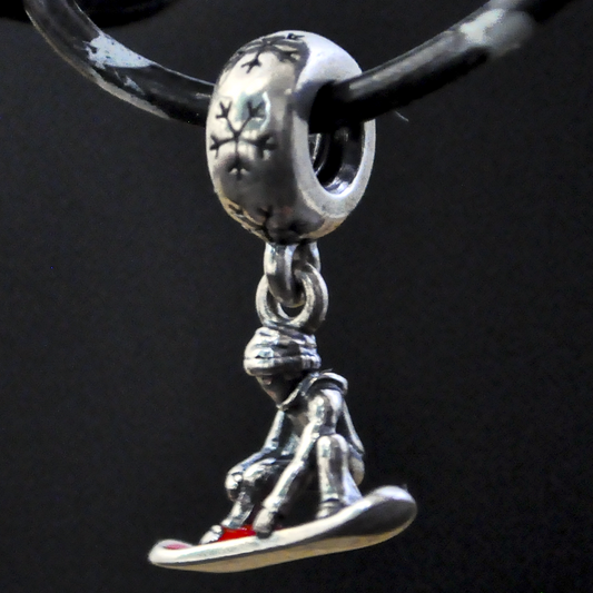 Retired Pandora 925 Sterling Silver Snowboarder Dangle Charm with Red Enamel Board - Sterling Silver Snowboarder Retired Pandora Pendant