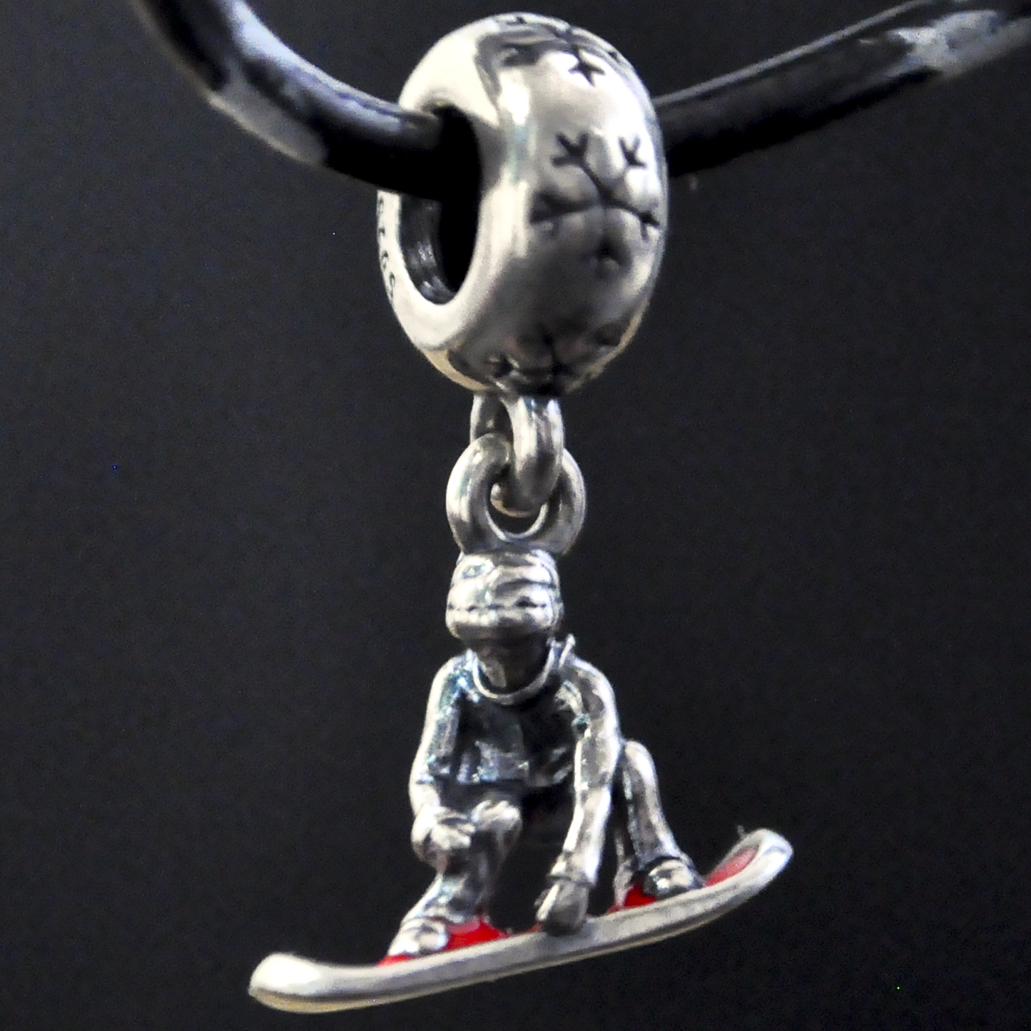 Retired Pandora 925 Sterling Silver Snowboarder Dangle Charm with Red Enamel Board - Sterling Silver Snowboarder Retired Pandora Pendant