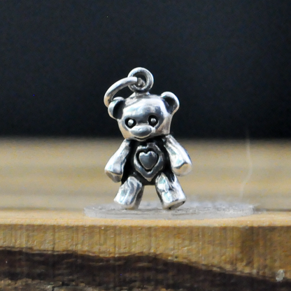 Vintage Sterling Silver Teddy Bear Charm with Heart - Antique 925 Silver Bear Pendant with Raised Heart Motif