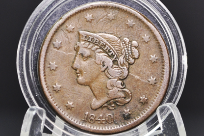 1840 Large Cent, Large Date Variety - VF+ - 1840 Braided Hair Cent - 1840 US Cent, Braided Hair 1839 to 1857