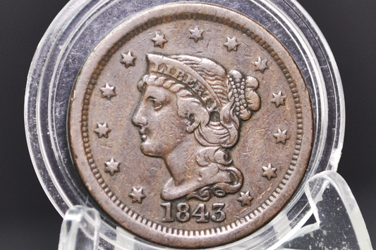 Scarce 1843 Braided Hair Large Cent, Mature Head Large Letter Variety - XF - Head of 1844, Large Letter 1843 US Cent