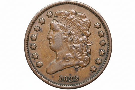 Vintage copper coin with a profile of a person and the year 1832, held in a clear holder.
