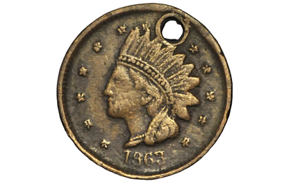 Vintage coin with Native American head design and '1863' 