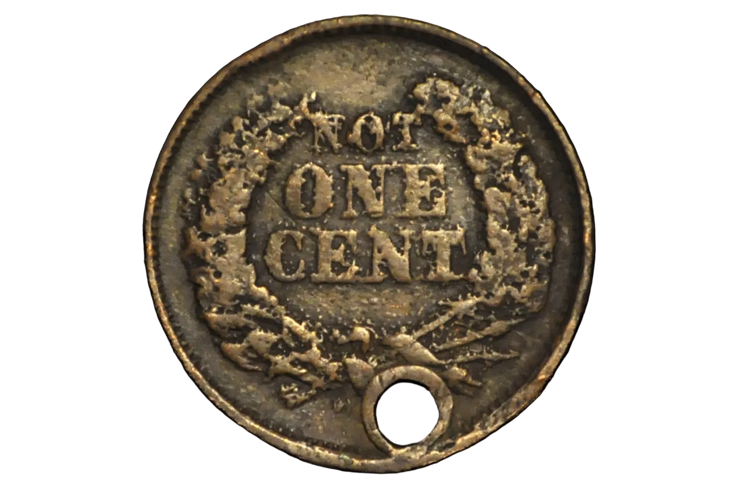 Bronze token with 'Not One Cent' text on a black background