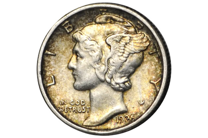 US 1 Dime from 1925 with a profile of a woman wearing wings in almost uncirculated condition