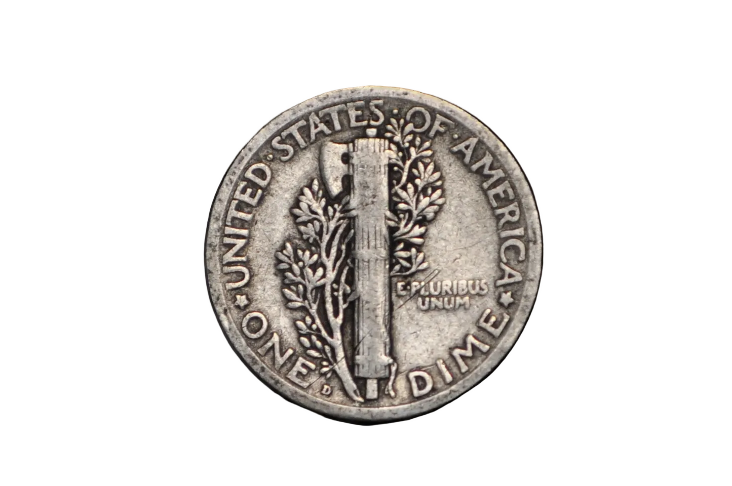 Silver dime coin with 'United States of America' text on a black struck at the denver mint and stamped with a "d" on the reverse from 1924