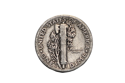 Silver dime coin with 'United States of America' text on a black struck at the denver mint and stamped with a "d" on the reverse from 1924