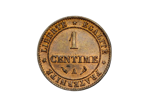 A vintage French 1 Centime coin with 'LIBERTE EGALITE FRATERNITE' inscribed around the edge, shown against a solid black background.