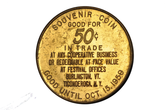 1959 350th Anniversary Champlain Festival Brass Medallion Souvenir - Anniversary and 50 Cent Trade Token Champlain Festival