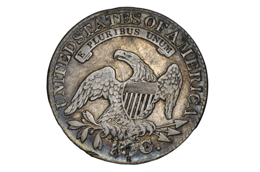 Silver U.S. 50 cent coin with an eagle emblem on a black background