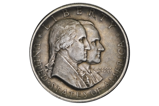 Silver coin with profiles of two individuals and 'Liberty' text on a white background. 1926 half dollar us coin in xf45 to au condition