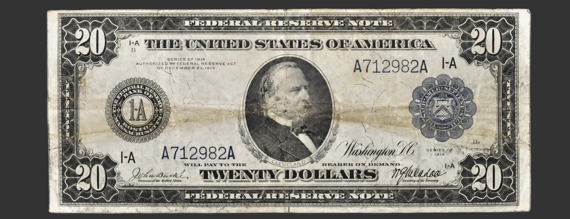 Large Size 1914 $20 United States Federal Reserve Note featuring Grover Cleavland with Blue Seal and Ink