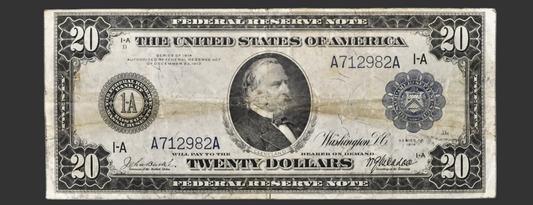 Large Size 1914 $20 United States Federal Reserve Note featuring Grover Cleavland with Blue Seal and Ink