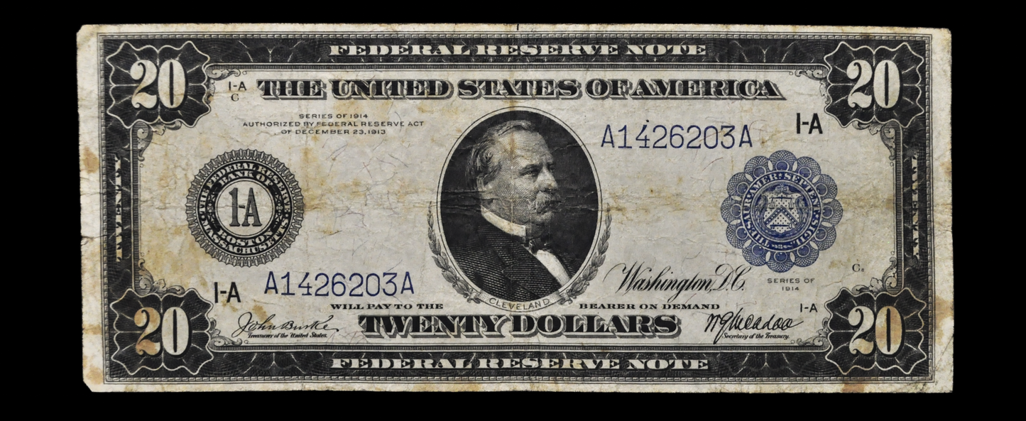 1914 20 Dollar Federal Reserve Note Large Size Fr#964 - Very Fine - Boston 1914 Twenty Dollar Bill 1914 Fr964 / Fr.964