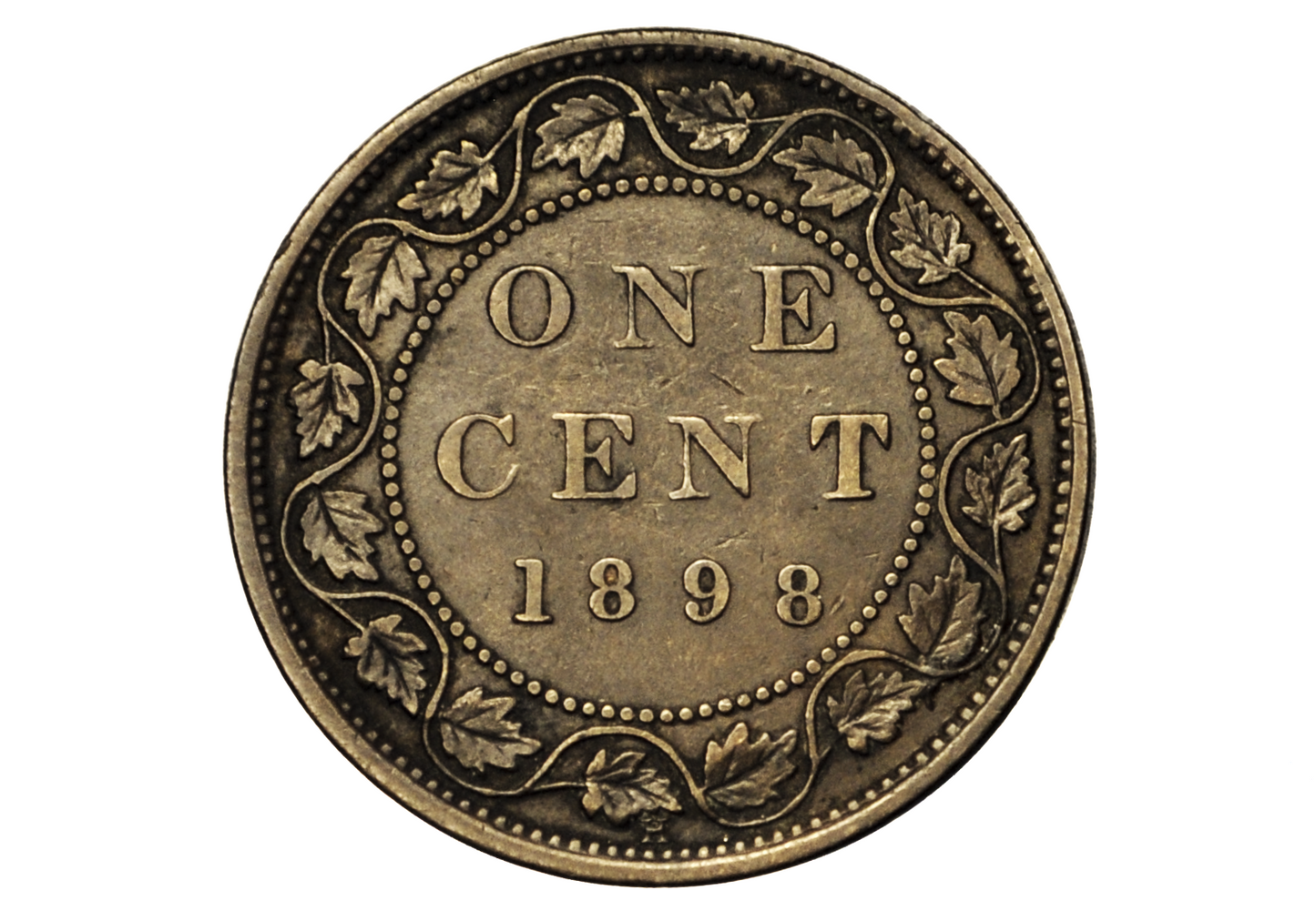 Vintage Canadian one cent coin from 1898 with decorative elements on a white background