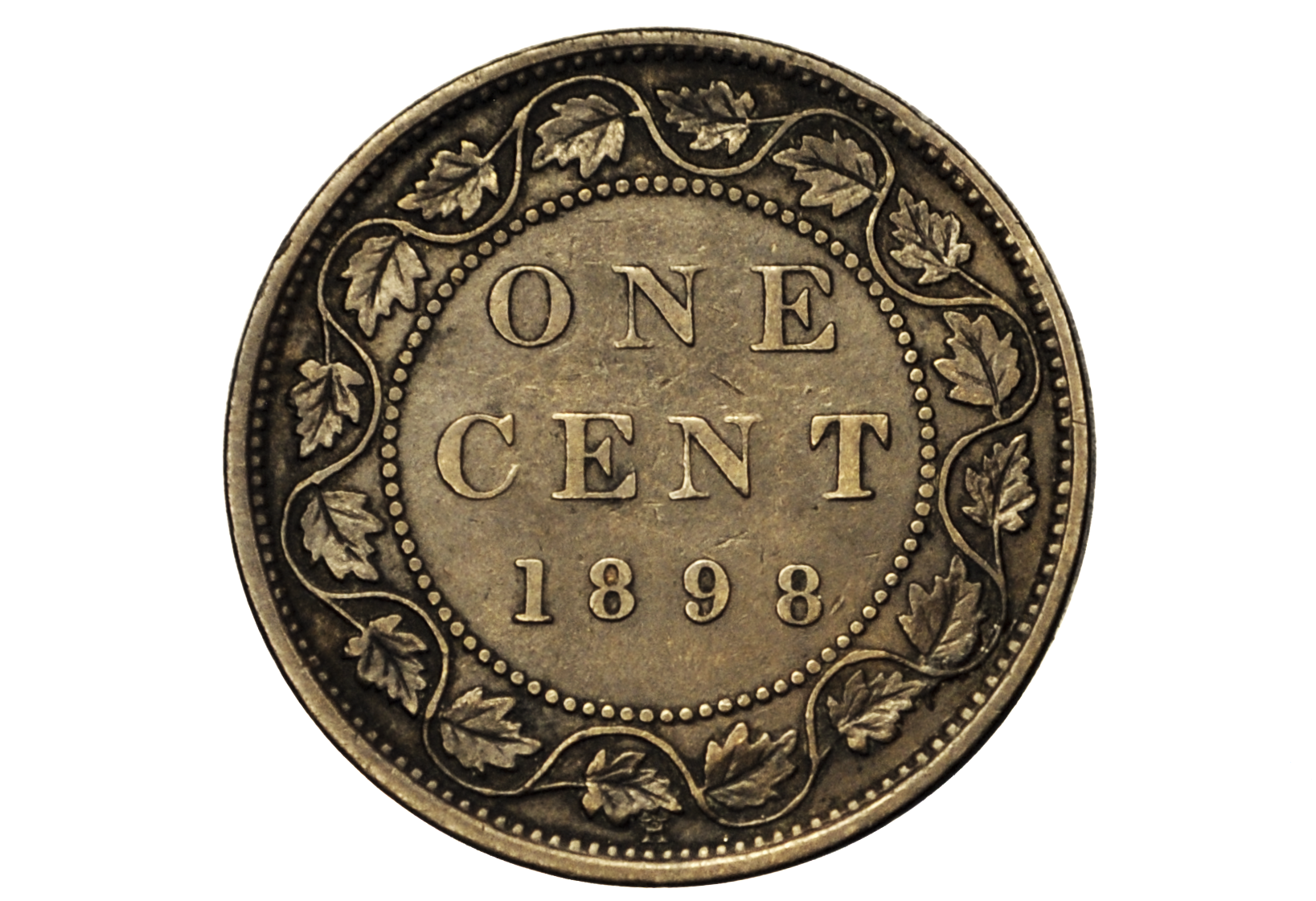 Vintage Canadian one cent coin from 1898 with decorative elements on a white background