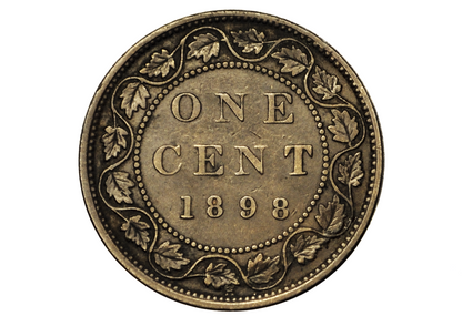 Vintage Canadian one cent coin from 1898 with decorative elements on a white background