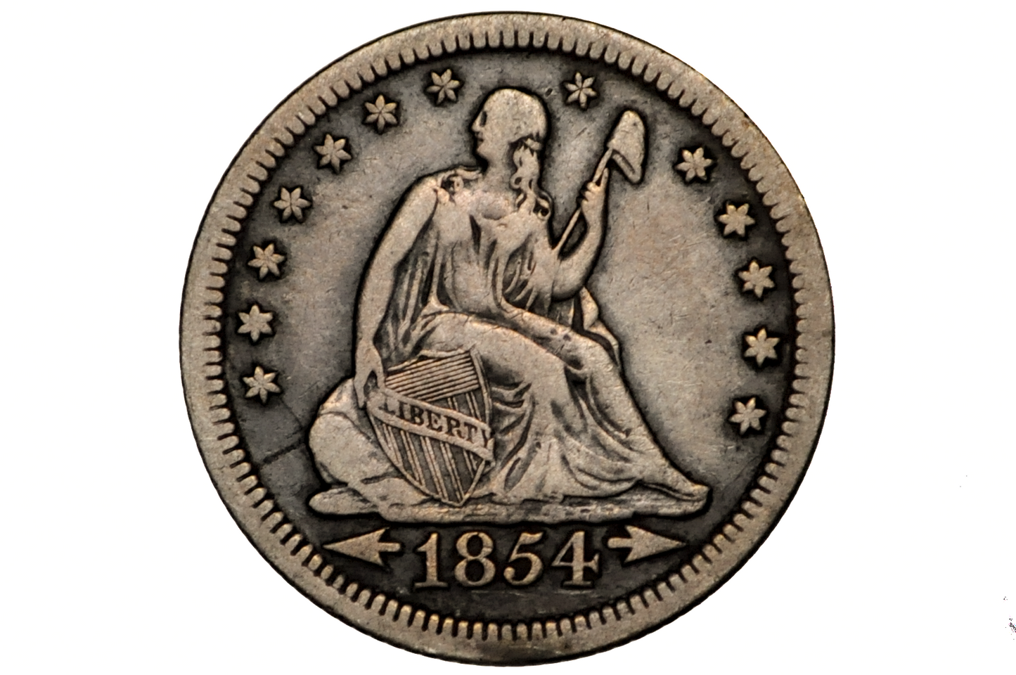 1854 Seated Liberty Quarter, Very Fine, 1854 Silver Quarter 1854 Liberty Seated Quarter; Historic Coin Type, Great Collection Addition