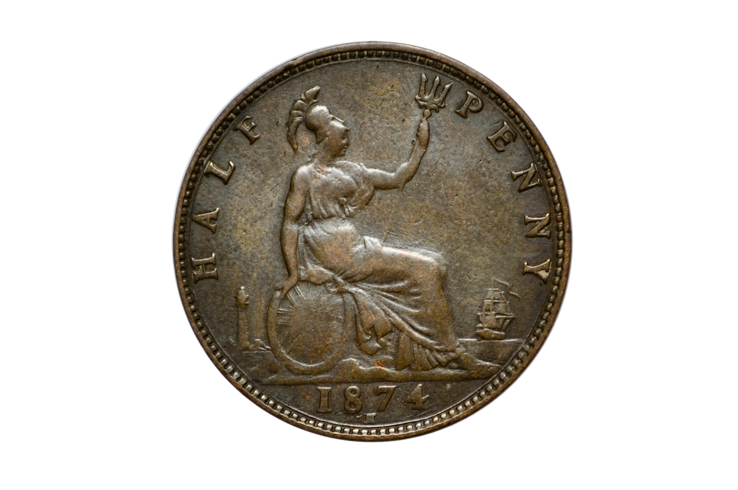 1874-H Great Britain Half Penny -XF Condition - UK Half Penny 1874 - Queen Victoria 1/2 Penny - Bronze - ha'penny 1874