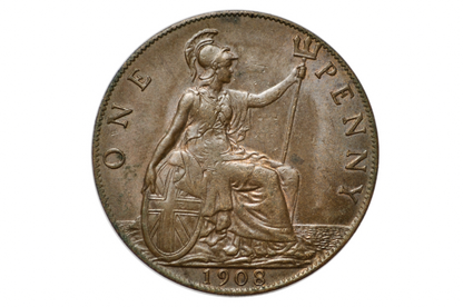 1908 Great Britain One Penny - UNC Condition - UK Large Penny 1908 - King George 1 Penny - Bronze - UK Penny 1908