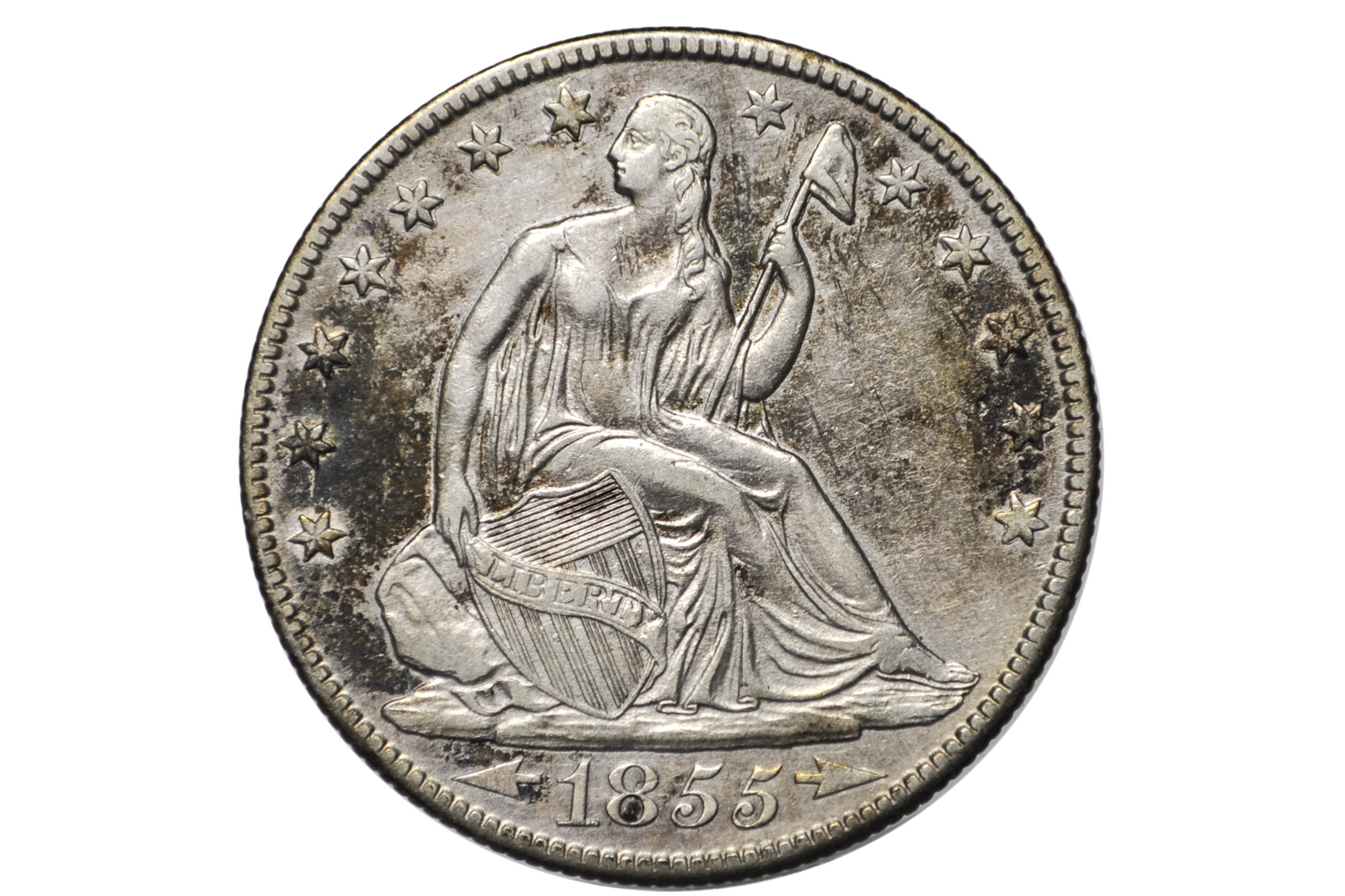 1855-O Seated Liberty Half Dollar - AU Details, Beautiful Coin - 1855O Liberty Seated Silver Half Dollar With Arrows