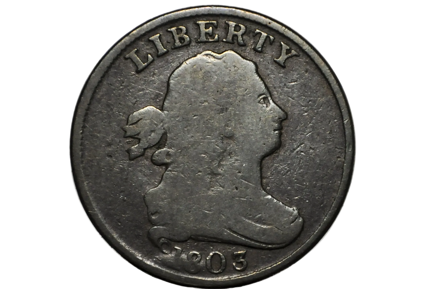 A close-up of a 1903 US Half Cent coin inside a clear plastic protective holder, showing the Liberty profile and 'LIBERTY' and '1903' text.