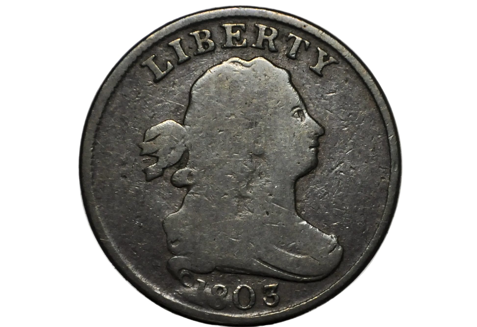 A close-up of a 1903 US Half Cent coin inside a clear plastic protective holder, showing the Liberty profile and 'LIBERTY' and '1903' text.