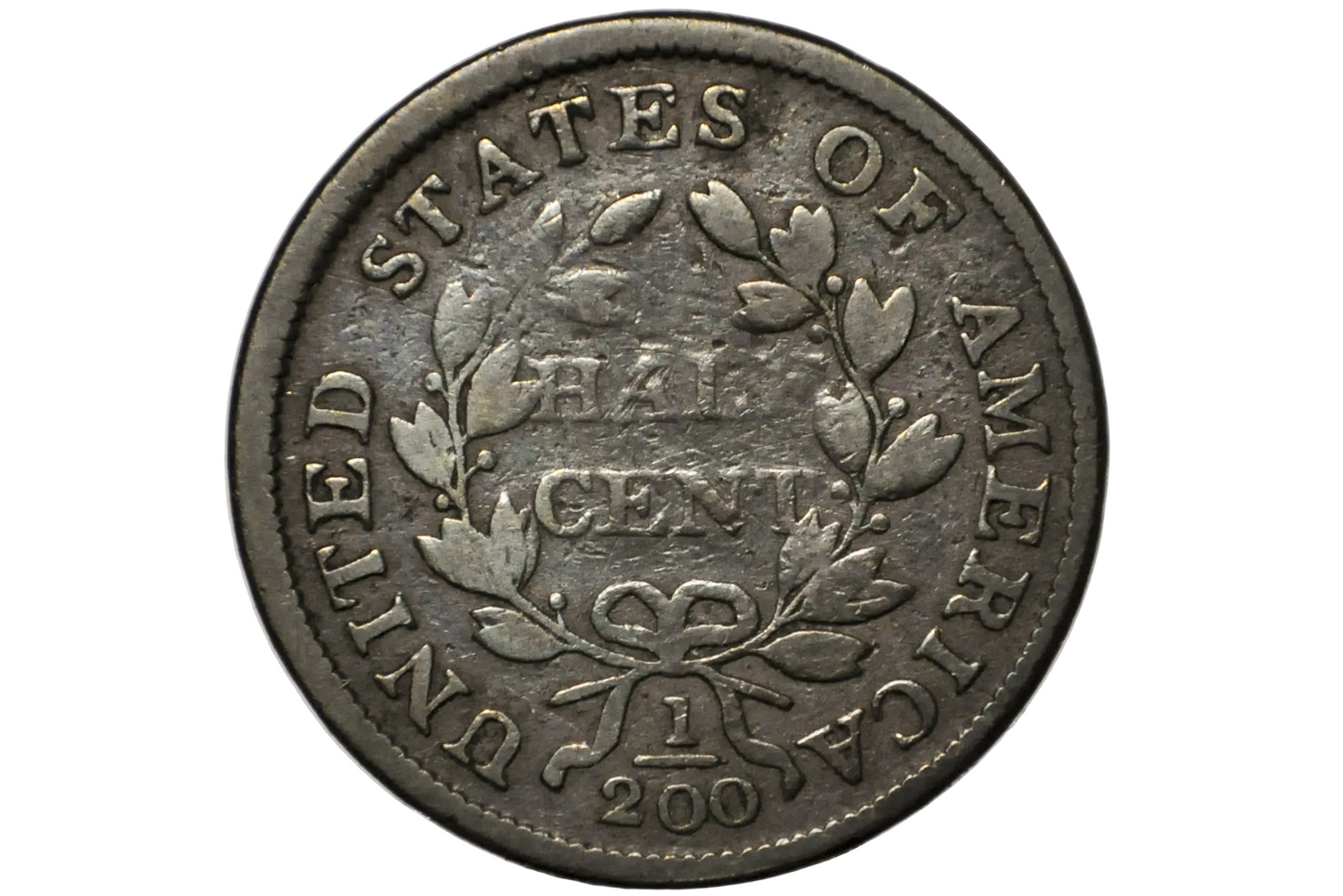 A close-up of a vintage United States half cent coin inside a clear plastic protective holder, showing the reverse side with the text 'UNITED STATES OF AMERICA', 'HALf CENT', and '1'/'200'