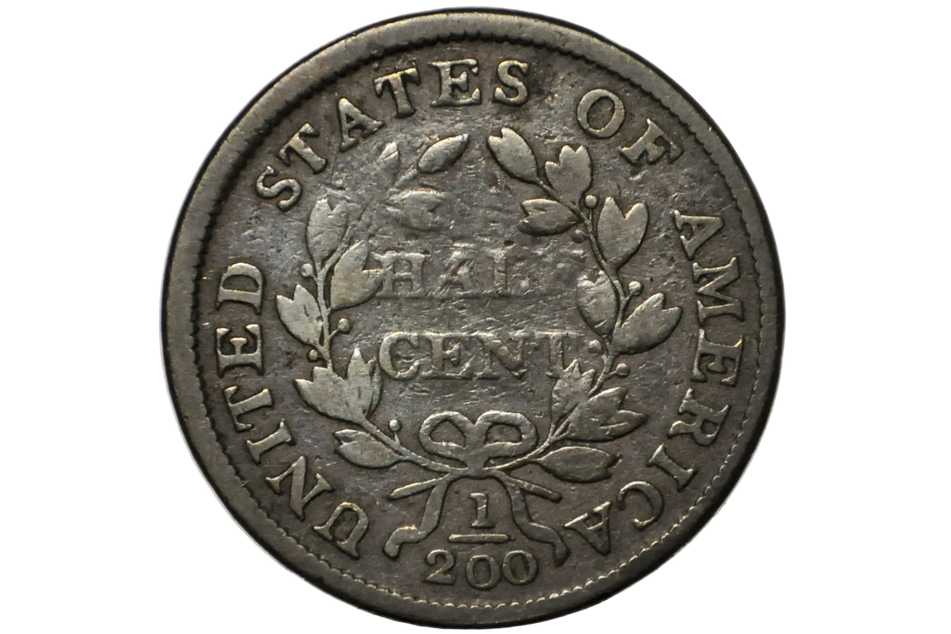 A close-up of a vintage United States half cent coin inside a clear plastic protective holder, showing the reverse side with the text 'UNITED STATES OF AMERICA', 'HALf CENT', and '1'/'200'