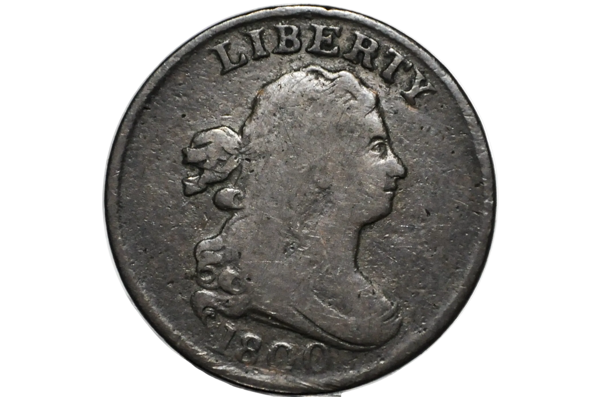 A close-up of an 1800 US Half Cent coin featuring a profile portrait of Lady Liberty with the word 'LIBERTY' above and '1800' below, displayed inside a clear protective plastic holder.