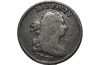 A close-up of an 1800 US Half Cent coin featuring a profile portrait of Lady Liberty with the word 'LIBERTY' above and '1800' below, displayed inside a clear protective plastic holder.
