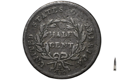A close-up of a vintage United States Half Cent coin inside a clear plastic protective holder, showing the reverse side with a wreath and the text 'UNITED STATES HALF CENT' 
