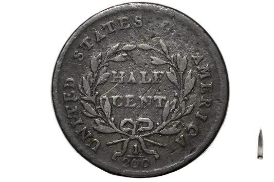 A close-up of a vintage United States Half Cent coin inside a clear plastic protective holder, showing the reverse side with a wreath and the text 'UNITED STATES HALF CENT' 