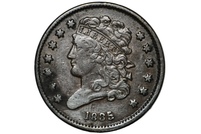 A close-up of a 1835 United States Half Cent inside a clear plastic grading holder, showing the obverse side with the profile of Liberty and the year 1835.