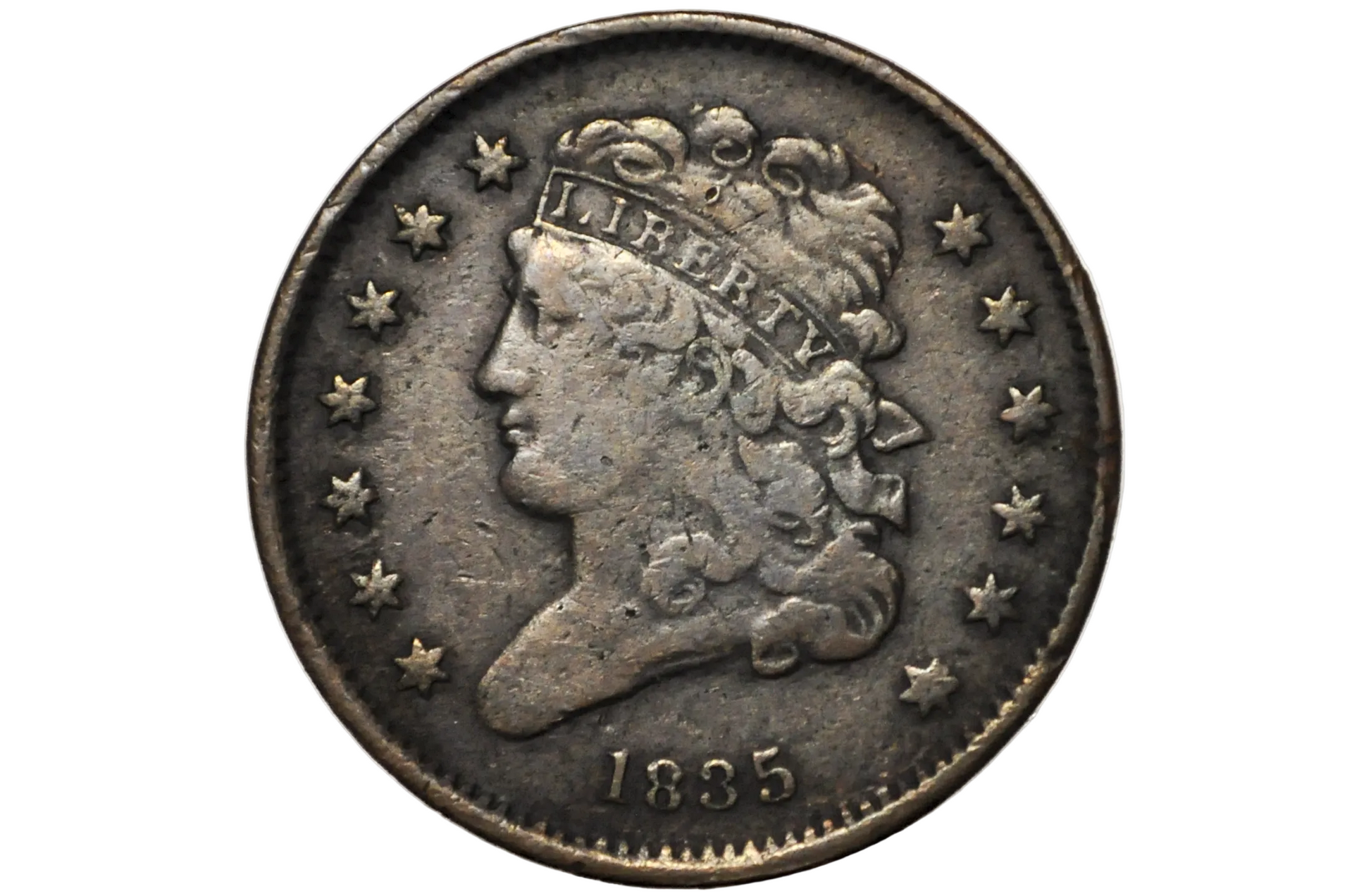 An antique 1835 United States Half Cent coin encapsulated in a clear plastic grading holder.