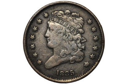 An antique 1835 United States Half Cent coin encapsulated in a clear plastic grading holder.