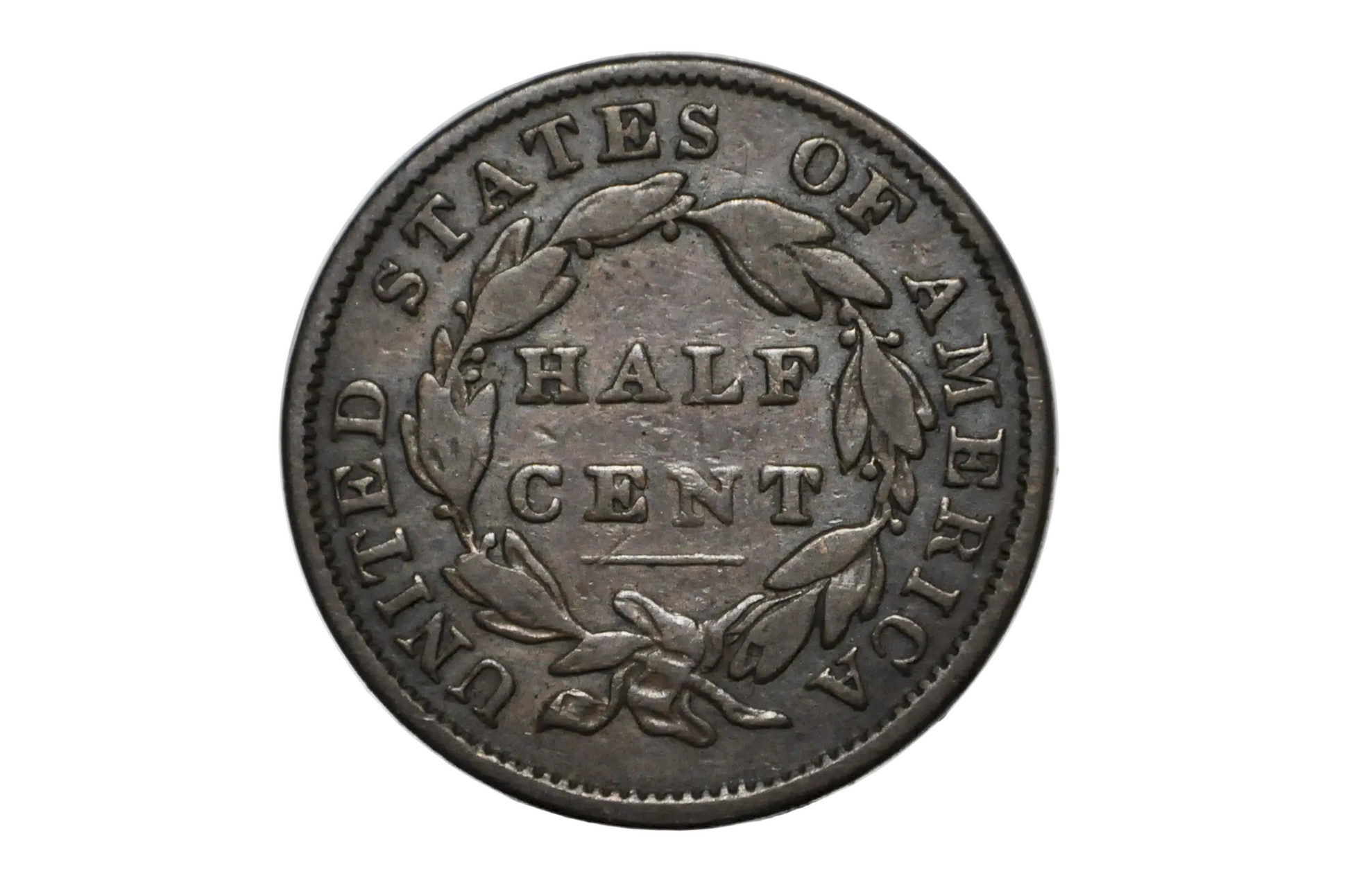 A vintage United States half cent coin with a dark metallic finish, displayed inside a clear plastic protective capsule on a white background.