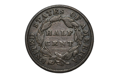 A vintage United States half cent coin with a dark metallic finish, displayed inside a clear plastic protective capsule on a white background.